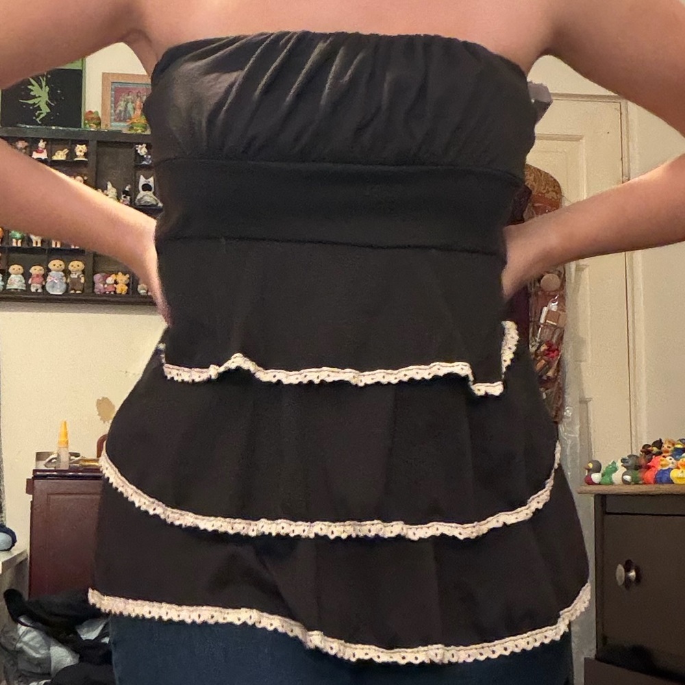 Brown Strapless Tiered Top with Lace Trim